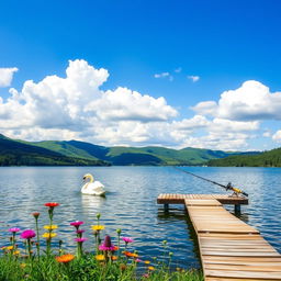 A serene landscape featuring a tranquil lake surrounded by lush green hills under a bright blue sky filled with fluffy white clouds