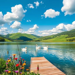 A serene landscape featuring a tranquil lake surrounded by lush green hills under a bright blue sky filled with fluffy white clouds