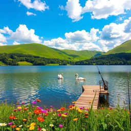 A serene landscape featuring a tranquil lake surrounded by lush green hills under a bright blue sky filled with fluffy white clouds