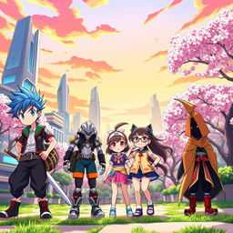 A vibrant anime scene featuring a lively cityscape with futuristic buildings and cherry blossom trees in full bloom