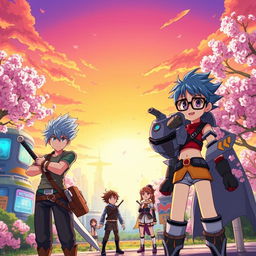 A vibrant anime scene featuring a lively cityscape with futuristic buildings and cherry blossom trees in full bloom