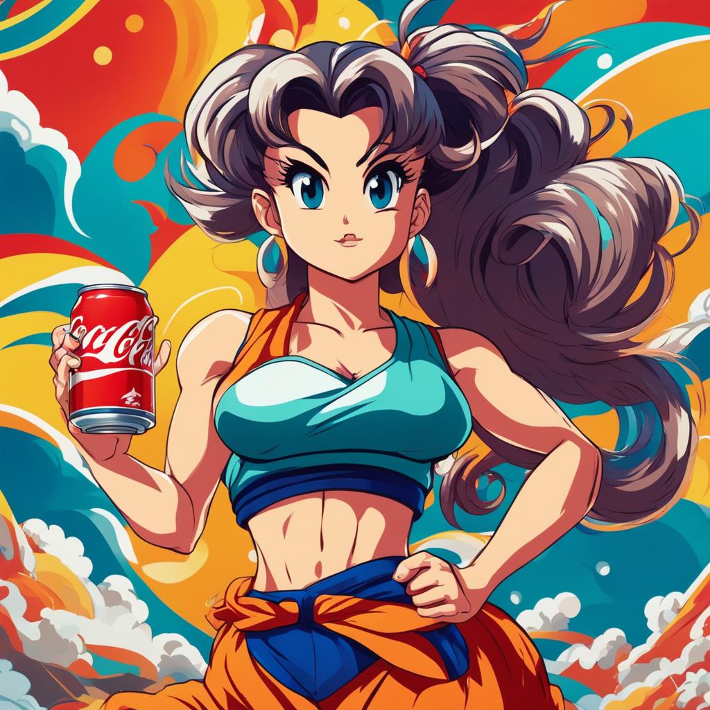 Retro Dragonball-style anime girl with flowing hair and athletic physique holds a detailed coke can against a dynamic, colorful background