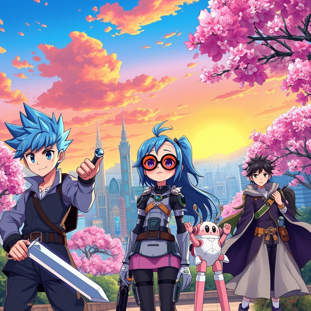 A vibrant anime scene featuring a lively cityscape with futuristic buildings and cherry blossom trees in full bloom