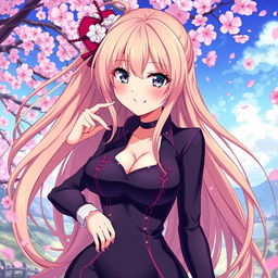 A captivating anime-style illustration of a beautiful, alluring character with long flowing hair and striking features