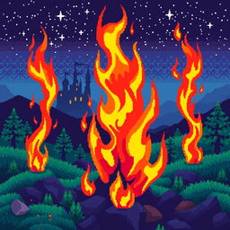 A vibrant pixel art scene featuring retro 8-bit flames, set in a fantasy environment