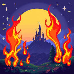 A vibrant pixel art scene featuring retro 8-bit flames, set in a fantasy environment