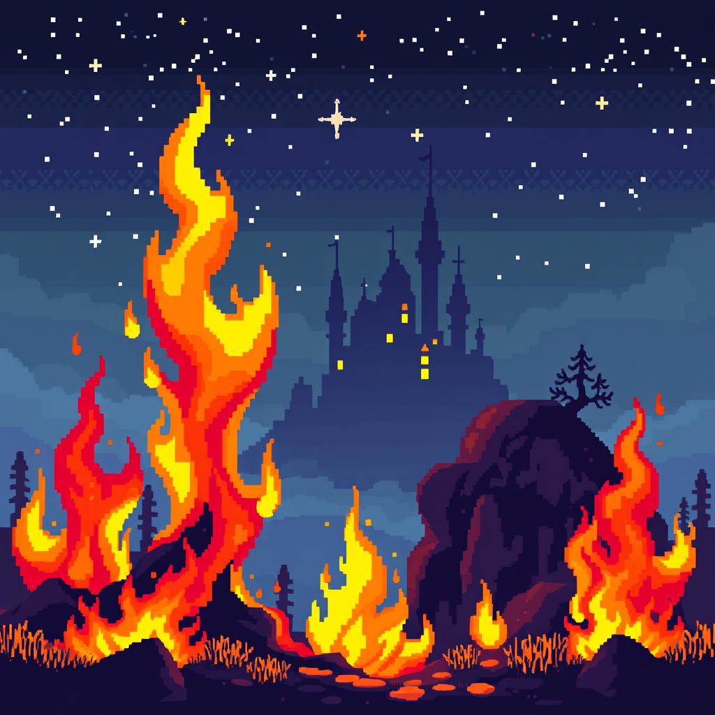 A vibrant pixel art scene featuring retro 8-bit flames, set in a fantasy environment