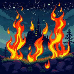 A vibrant pixel art scene featuring retro 8-bit flames, set in a fantasy environment
