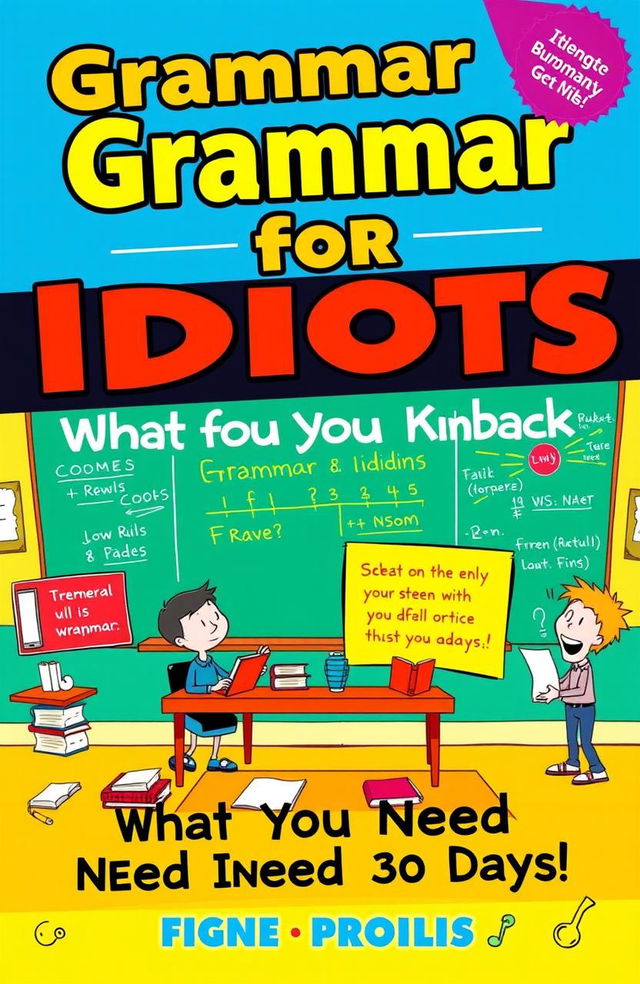 A visually appealing book cover for 'Grammar for Idiots: What You Need in 30 Days'