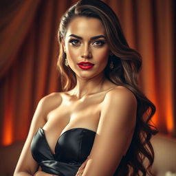 A close-up portrait of a glamorous, confident woman in an elegant evening gown, exuding allure and sophistication