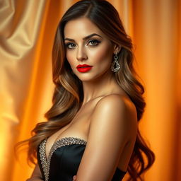A close-up portrait of a glamorous, confident woman in an elegant evening gown, exuding allure and sophistication