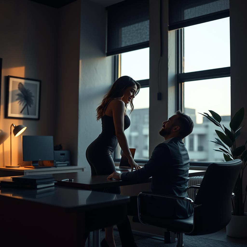 A sultry office encounter taking place in a dimly-lit modern office