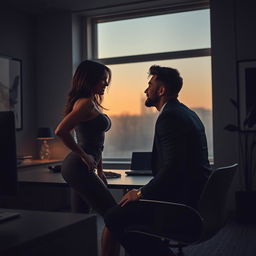 A sultry office encounter taking place in a dimly-lit modern office