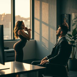A sultry office encounter taking place in a dimly-lit modern office