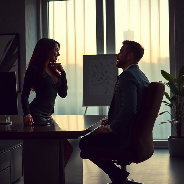 A sultry office encounter taking place in a dimly-lit modern office