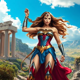 A powerful female superhero inspired by Wonder Woman, standing confidently in a striking pose