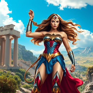 A powerful female superhero inspired by Wonder Woman, standing confidently in a striking pose