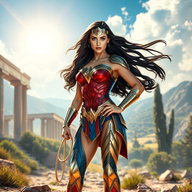A powerful female superhero inspired by Wonder Woman, standing confidently in a striking pose