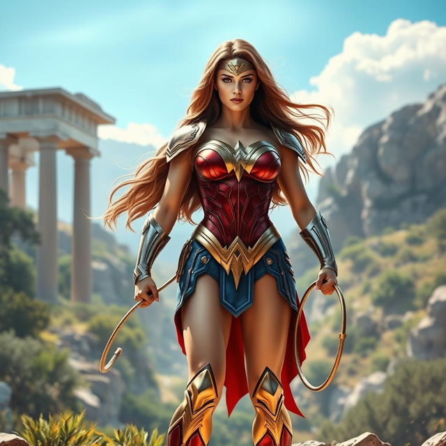 A powerful female superhero inspired by Wonder Woman, standing confidently in a striking pose