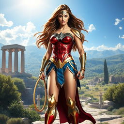 A powerful female superhero inspired by Wonder Woman, standing confidently in a striking pose