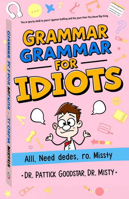 An eye-catching book cover design for a grammar book titled "Grammar for Idiots: All You Need in 30 Days" by Dr