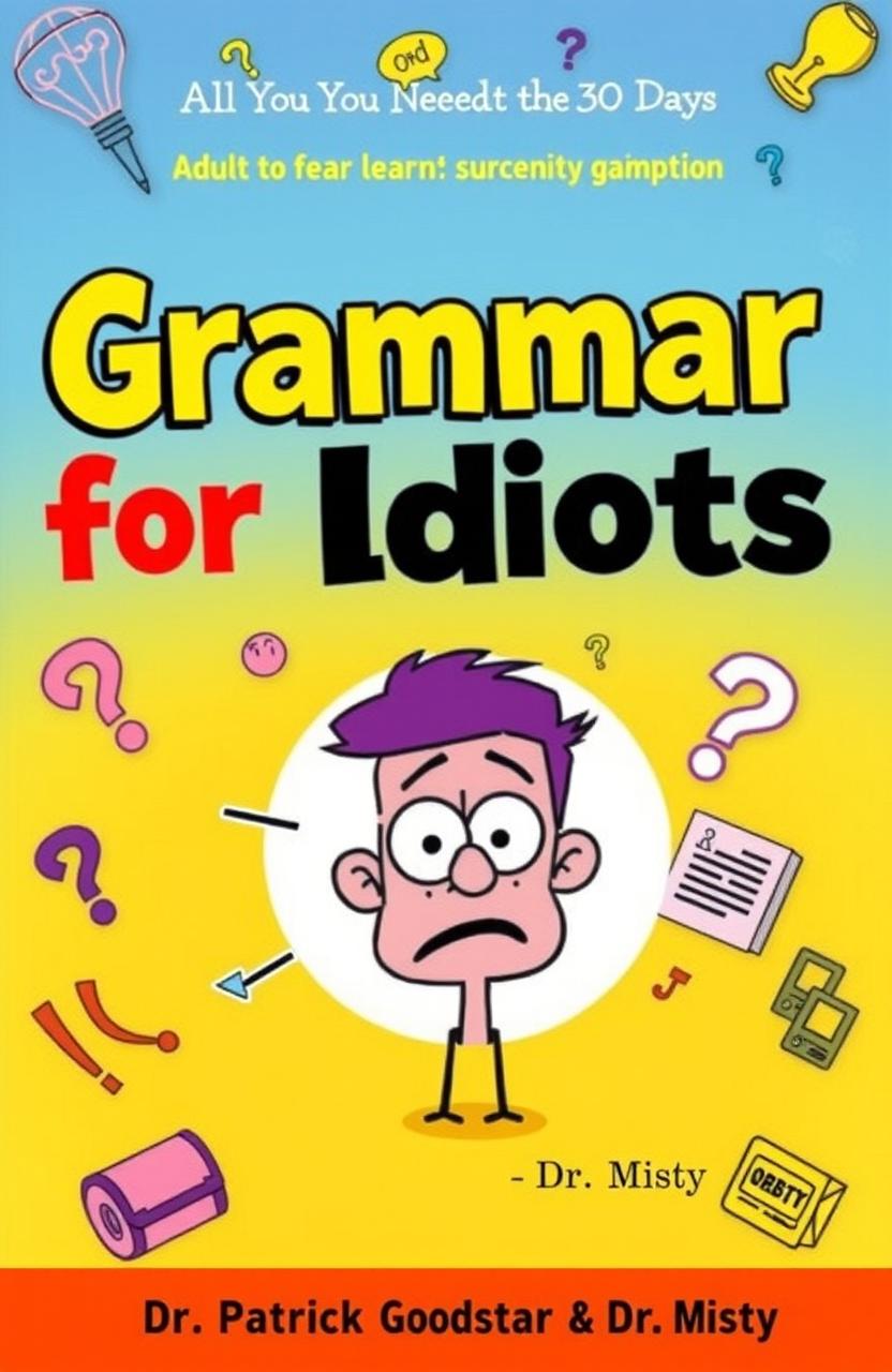 An eye-catching book cover design for a grammar book titled "Grammar for Idiots: All You Need in 30 Days" by Dr