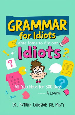 An eye-catching book cover design for a grammar book titled "Grammar for Idiots: All You Need in 30 Days" by Dr