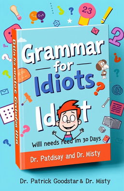 An eye-catching book cover design for a grammar book titled "Grammar for Idiots: All You Need in 30 Days" by Dr