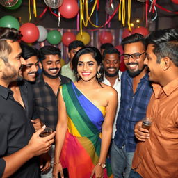 An Indian woman engaging in a lively party atmosphere, surrounded by a diverse group of men