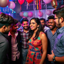 An Indian woman engaging in a lively party atmosphere, surrounded by a diverse group of men