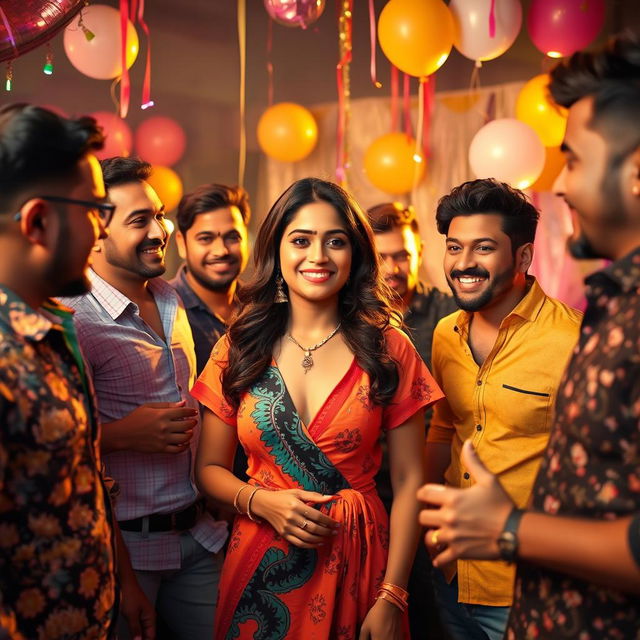 An Indian woman engaging in a lively party atmosphere, surrounded by a diverse group of men