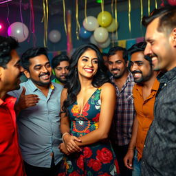 An Indian woman engaging in a lively party atmosphere, surrounded by a diverse group of men