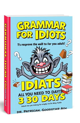 An amusing book cover design for an English grammar book titled 'Grammar for Idiots: All You Need in 30 Days' by Dr