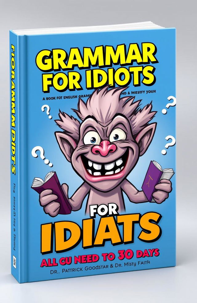 An amusing book cover design for an English grammar book titled 'Grammar for Idiots: All You Need in 30 Days' by Dr