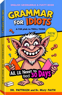 An amusing book cover design for an English grammar book titled 'Grammar for Idiots: All You Need in 30 Days' by Dr