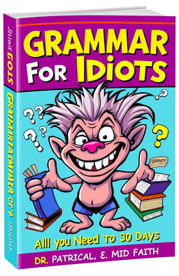 An amusing book cover design for an English grammar book titled 'Grammar for Idiots: All You Need in 30 Days' by Dr