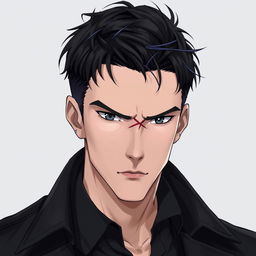 A 25-year-old man in a realistic anime style, with defined cheekbones, a strong jawline, and intense steel gray eyes that seem to peer deeply into one's soul