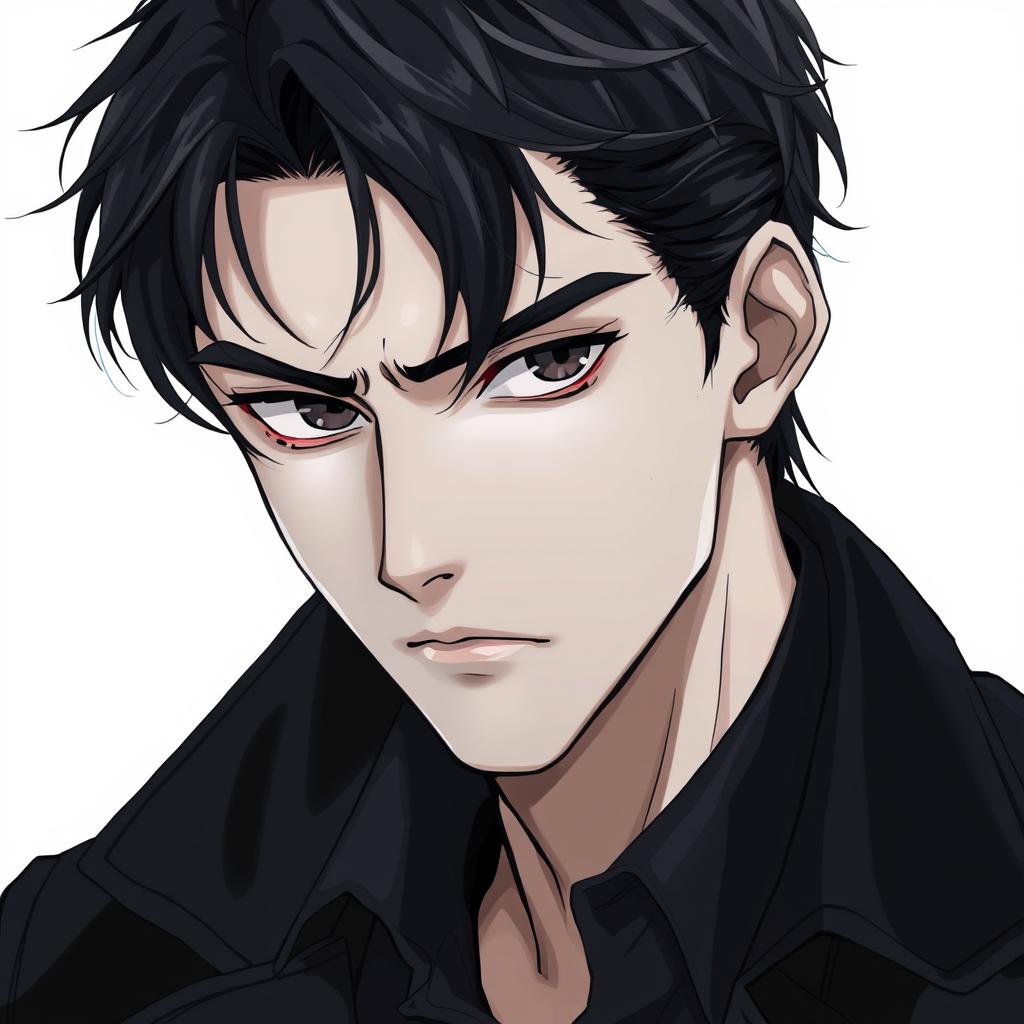 A 25-year-old man in a realistic anime style, with defined cheekbones, a strong jawline, and intense steel gray eyes that seem to peer deeply into one's soul