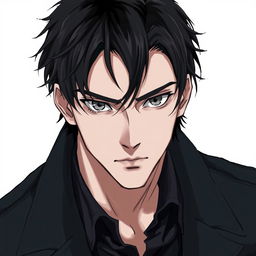A 25-year-old man in a realistic anime style, with defined cheekbones, a strong jawline, and intense steel gray eyes that seem to peer deeply into one's soul