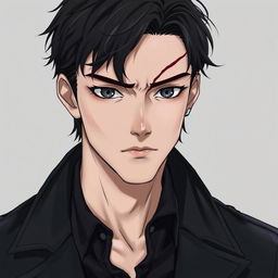 A 25-year-old man in a realistic anime style, with defined cheekbones, a strong jawline, and intense steel gray eyes that seem to peer deeply into one's soul