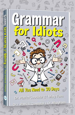 A whimsical and surreal book cover design for 'Grammar for Idiots, All You Need in 30 Days' by Dr