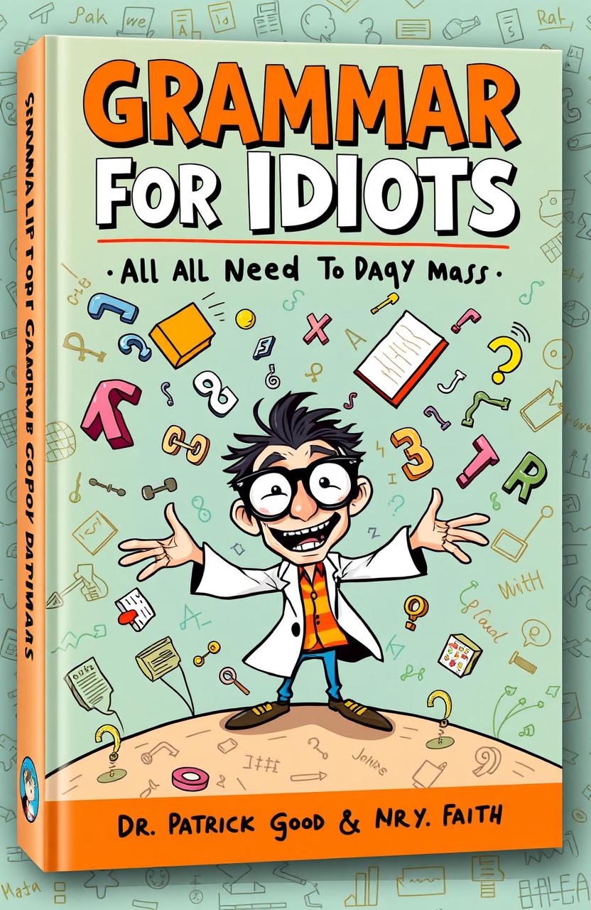 A whimsical and surreal book cover design for 'Grammar for Idiots, All You Need in 30 Days' by Dr