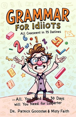 A whimsical and surreal book cover design for 'Grammar for Idiots, All You Need in 30 Days' by Dr