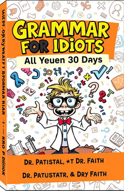 A whimsical and surreal book cover design for 'Grammar for Idiots, All You Need in 30 Days' by Dr