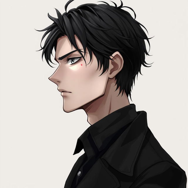 A 25-year-old man in a realistic anime style, depicted in profile with defined cheekbones and a strong jawline, his intense steel gray eyes visible in the angle