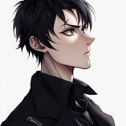 A 25-year-old man in a realistic anime style, depicted in profile with defined cheekbones and a strong jawline, his intense steel gray eyes visible in the angle