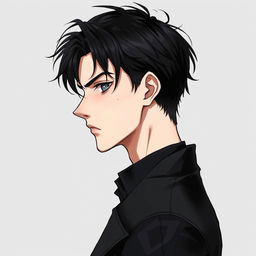 A 25-year-old man in a realistic anime style, depicted in profile with defined cheekbones and a strong jawline, his intense steel gray eyes visible in the angle