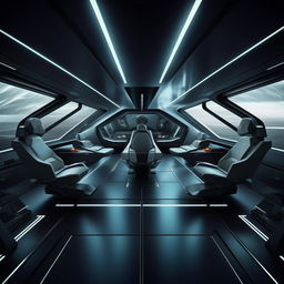 interior of futuristic fighter jet with glass panel demarcating front cabin from back cabin