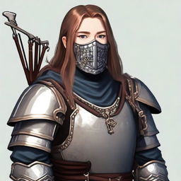 a lively portrait of the user, adorned in resplendent plate mail armor, confidently holding a crossbow