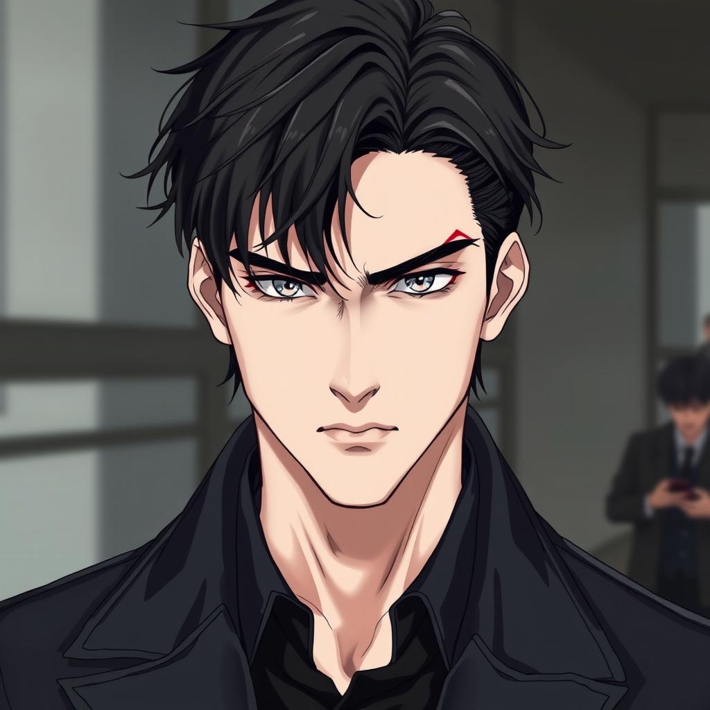A full-body illustration of a 25-year-old man in a realistic anime style, captured from a distance to show his entire figure